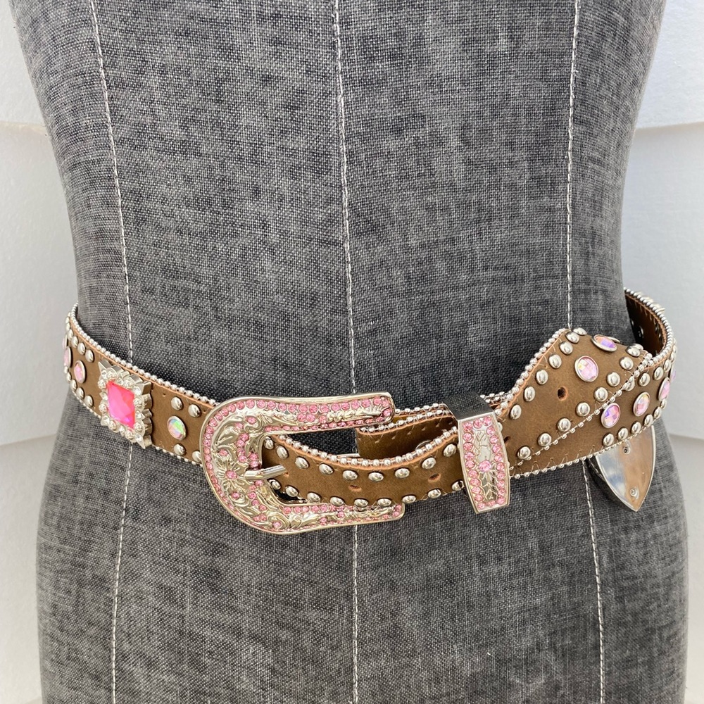 Jeweled Brown Leather Pink Bedazzled Rhinestone Belt - New